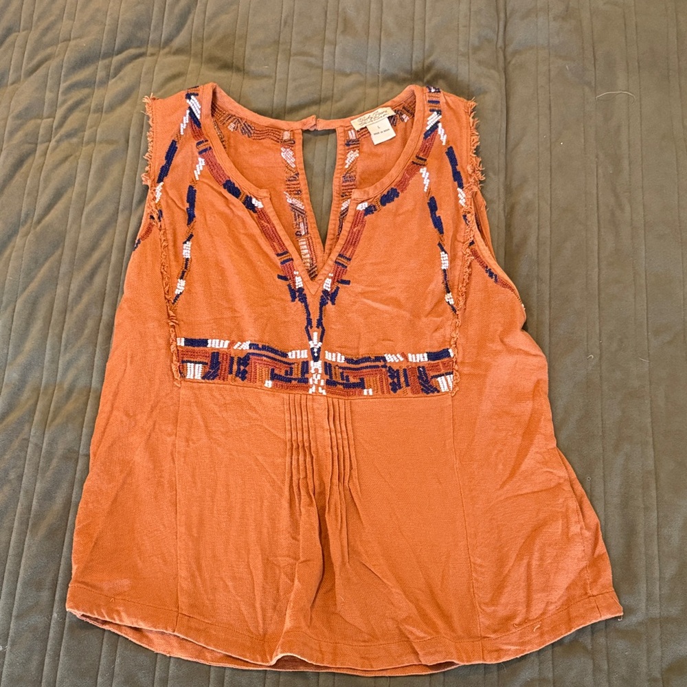 Lucky Brand Terracotta Embroidered Sleeveless Blouse